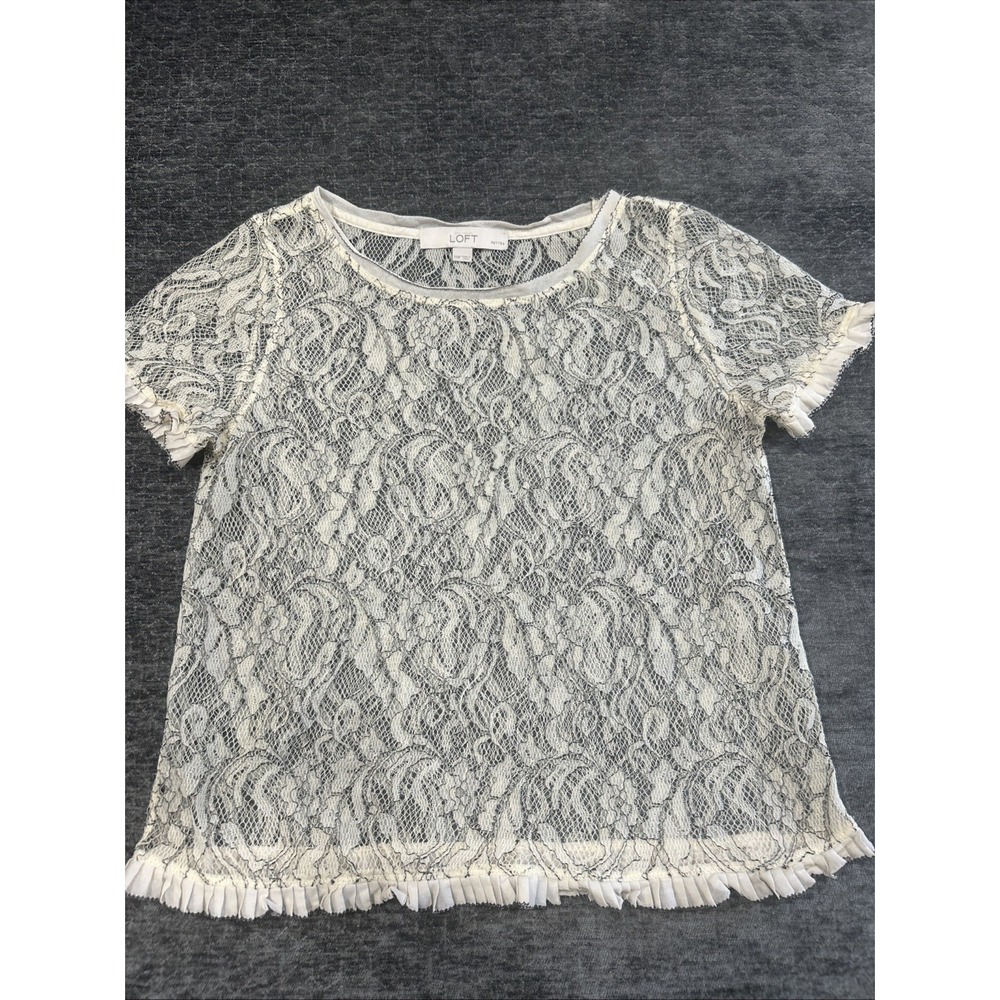 Ann Taylor LOFT Women's XXSP Cream Sheer‎ Lace Short Sleeve Round Neck Blouse